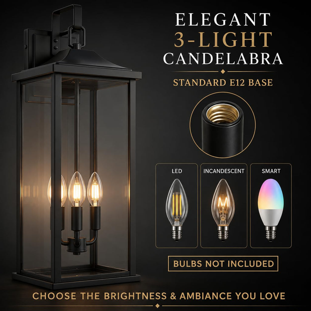 24 Inch 1 Pack Outdoor Wall Sconce, 3-Light Candelabra Exterior Porch Light with Clear Glass, Matte Black Finish