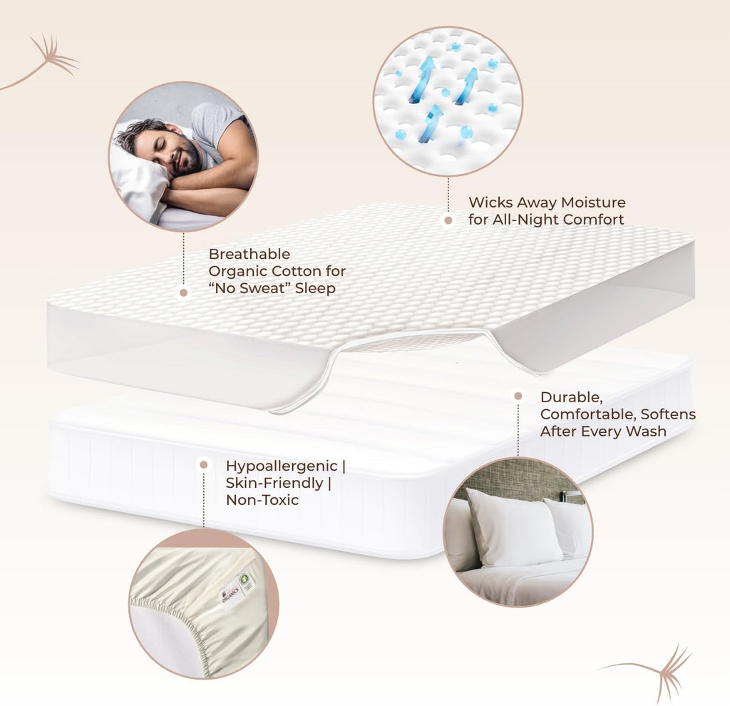 100% Cotton Organic Mattress Pad - Breathable & Cooling Mattress Protector King Size - Premium 300GSM Quilted and