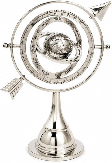 Silver Armillary Sphere Desk Decor - Celestial Globe Astrolabe with Arrow Design, Decorative Antique Showpiece Table.