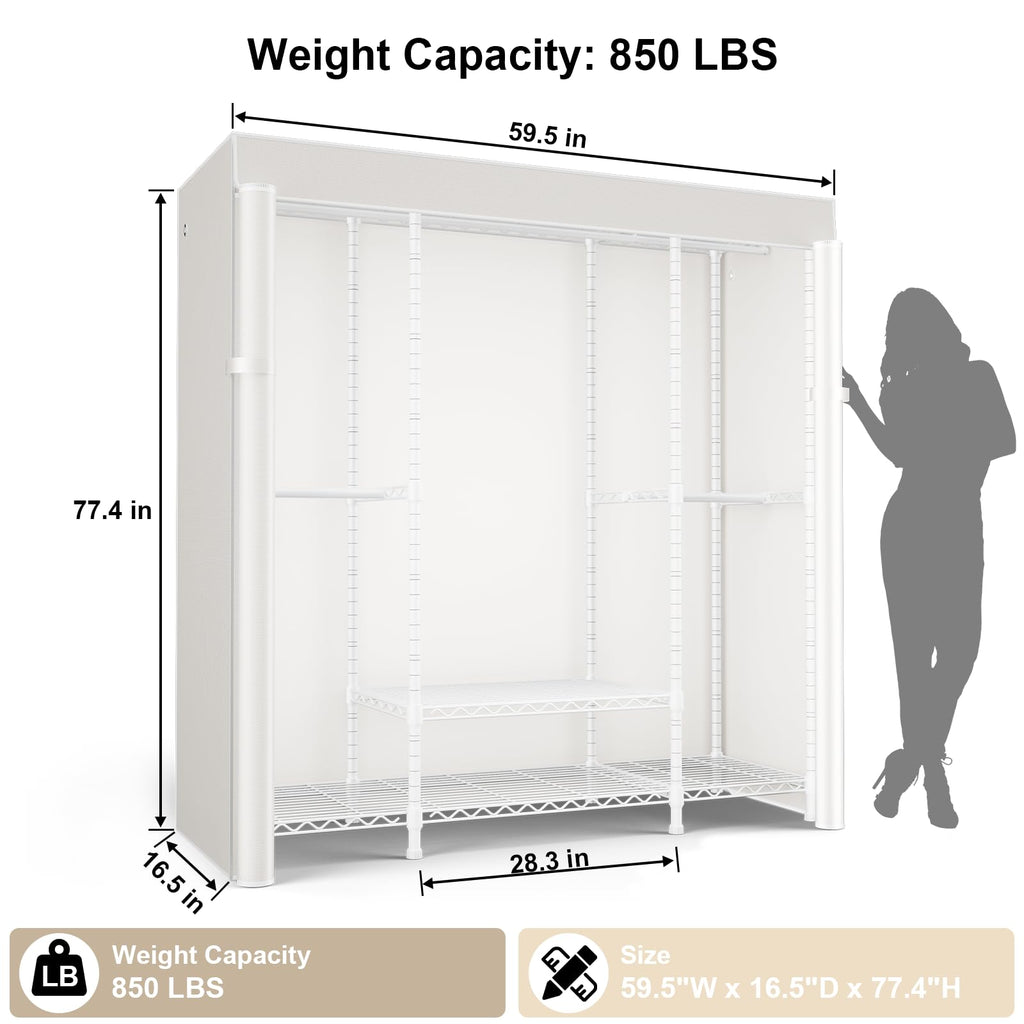 E3C White Clothes Rack with Beige Cover, Heavy Duty Garment Rack
