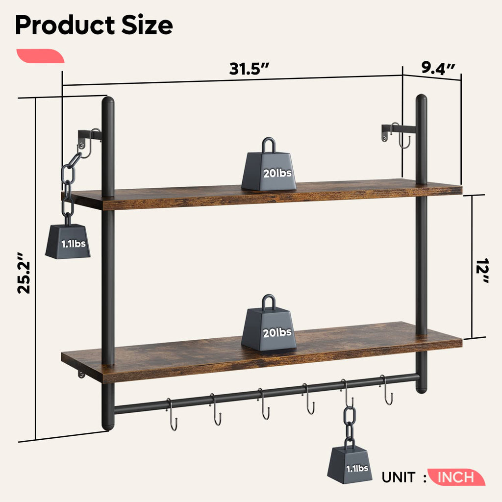 31" Industrial Pipe Wall Shelf with Towel Bar, Rustic Brown