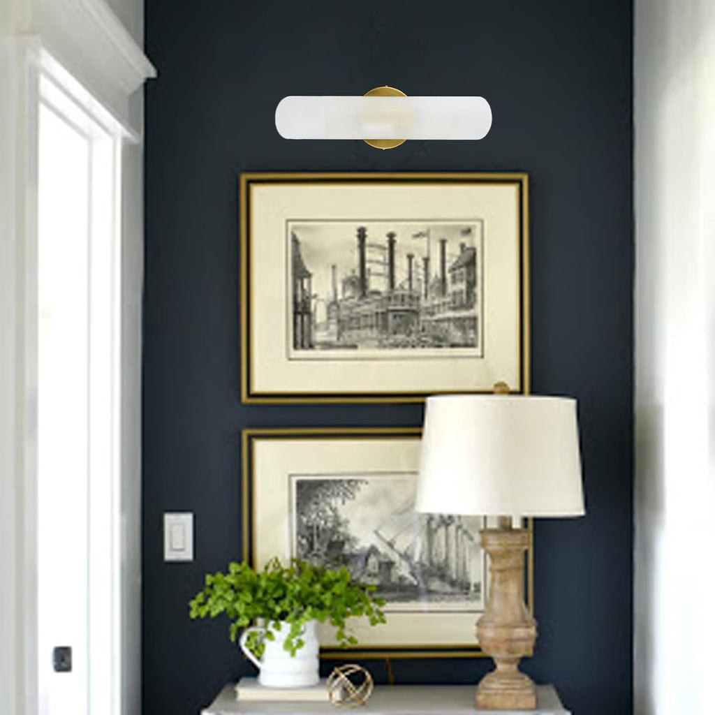 Modern Brass Wall Sconces Set of Two Frosted Glass Wall Light Fixture 2-Light Cylinder Bathroom Vanity Lights Gold