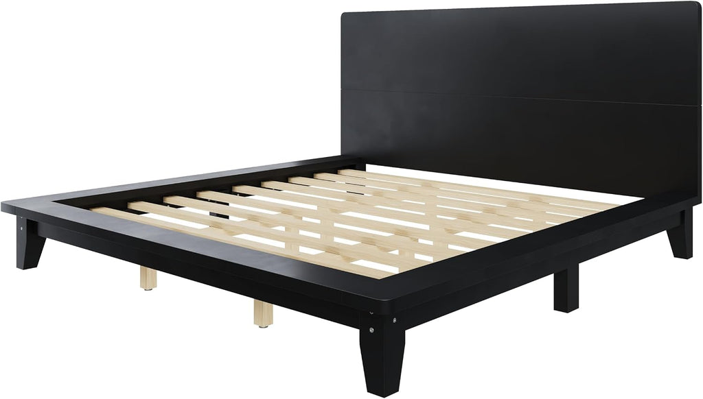 King Size Wooden Bed Frames with Black Headboard, Japanese Pine Wood Platform Bed, Rustic & Mid-Century Modern