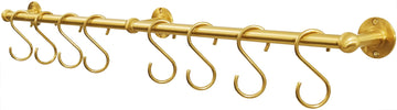 31 Inch Brass Pot Rack Wall Mounted, Kitchen Rail with Hooks for Pots, Pans, Mugs and Utensils, Segmented Wall