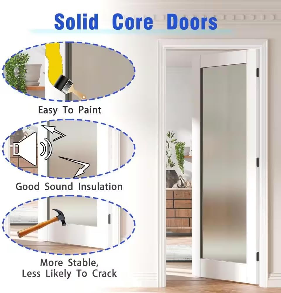 30" x 80" Pantry Door with Prehung Door Jamb, Right-Handed Interior Door, 1-Lite Frosted Glass, White MDF with Hardware Kit