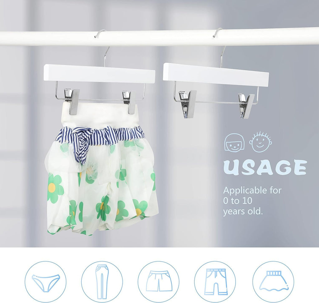 11.8 Inch White Wooden Pants Skirt Hangers for Kids Baby Toddler Children, Extra Thick Chrome Hooks & Anti-Wrinkle