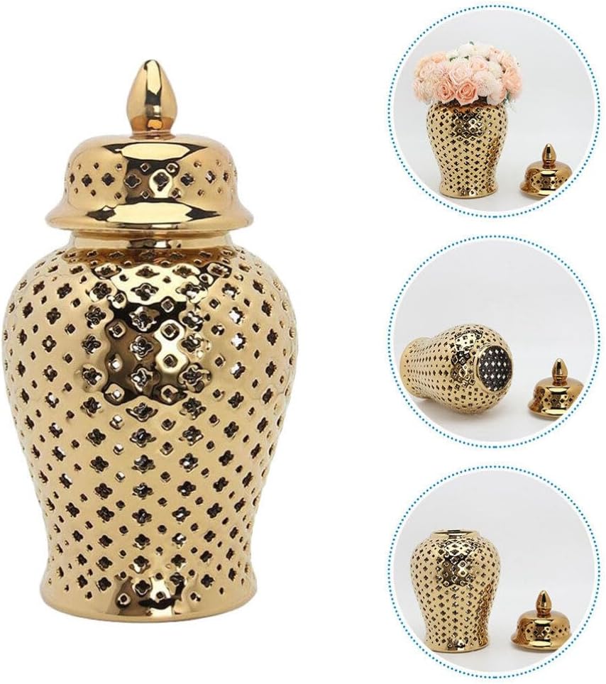 Ceramic Ginger Jar with Lid Lattice Decorative Temple Jar Cut Out Ceramic Vase and Kitchen Decoration Golden 22x10cm