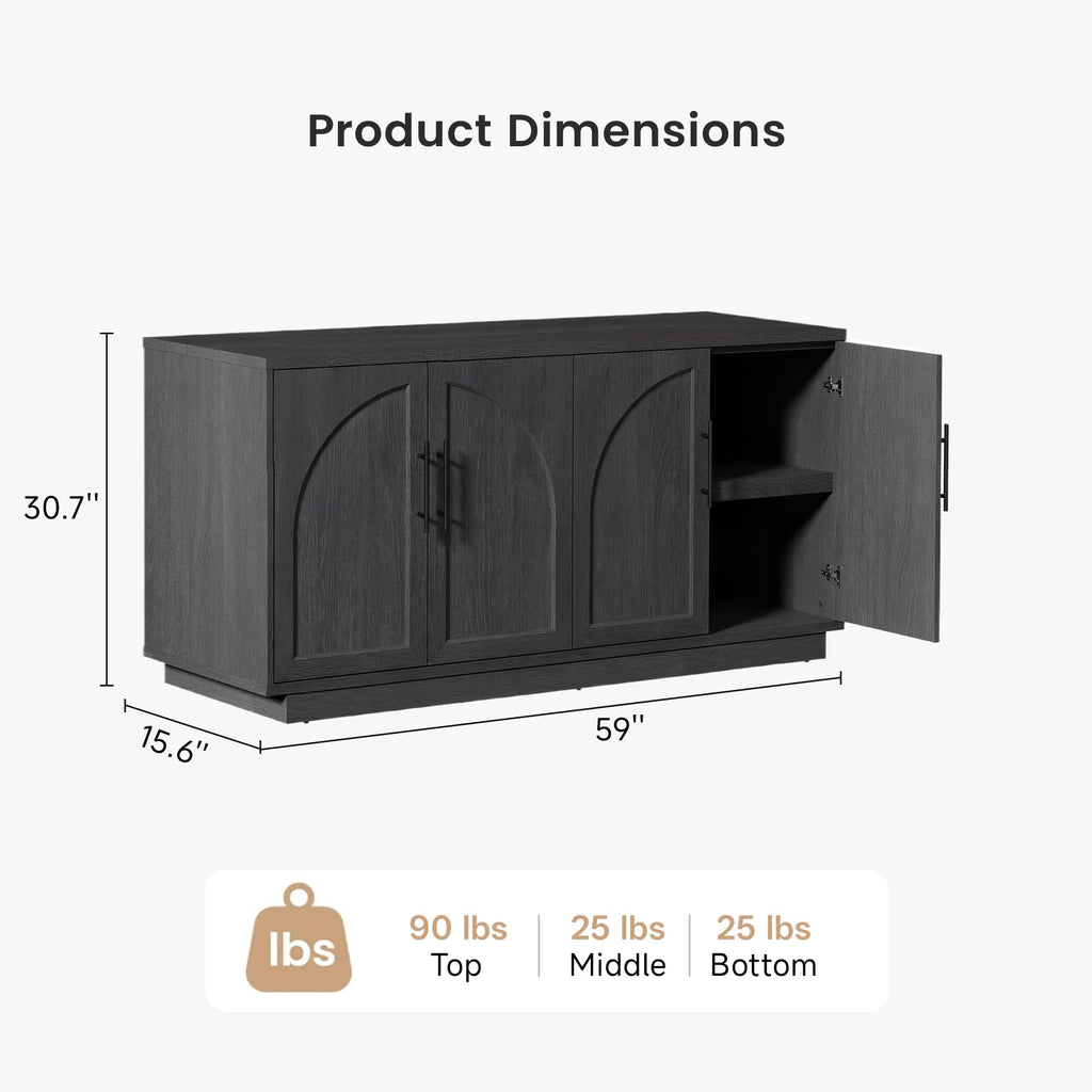 Modular Entertainment Center & Coffee Bar with LED Lighting, Charging Station, Arched Wood Sideboard Buffet