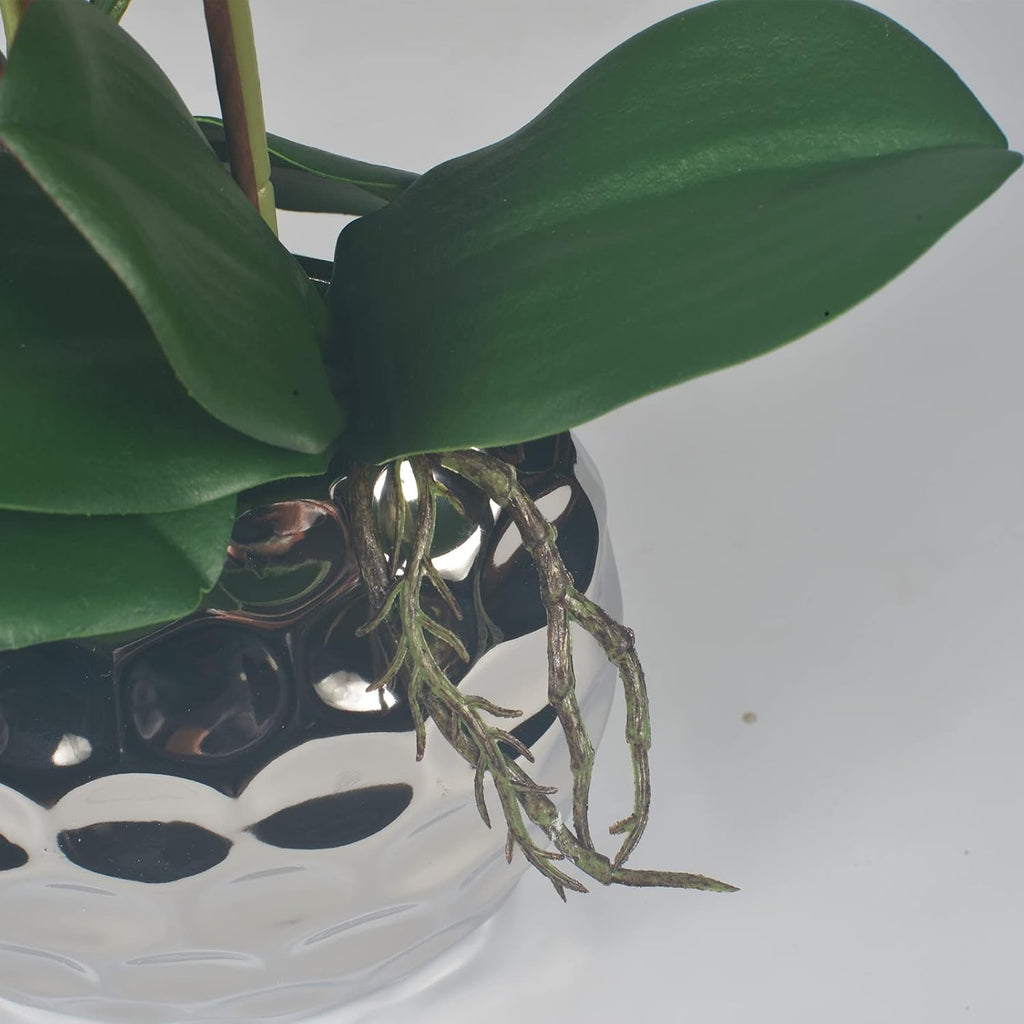 Artificial Orchid Plants & Flowers Arrangement in Ceramic Pot, Fake Faux White Orchid with Silver Vase, Faux Orchids