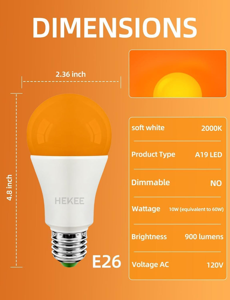 Dusk to Dawn Light Bulbs A19 8W 900 Lumens, Outdoor Porch Lights, 60 Watt Equivalent, Amber LED Orange-Yellow Sensor