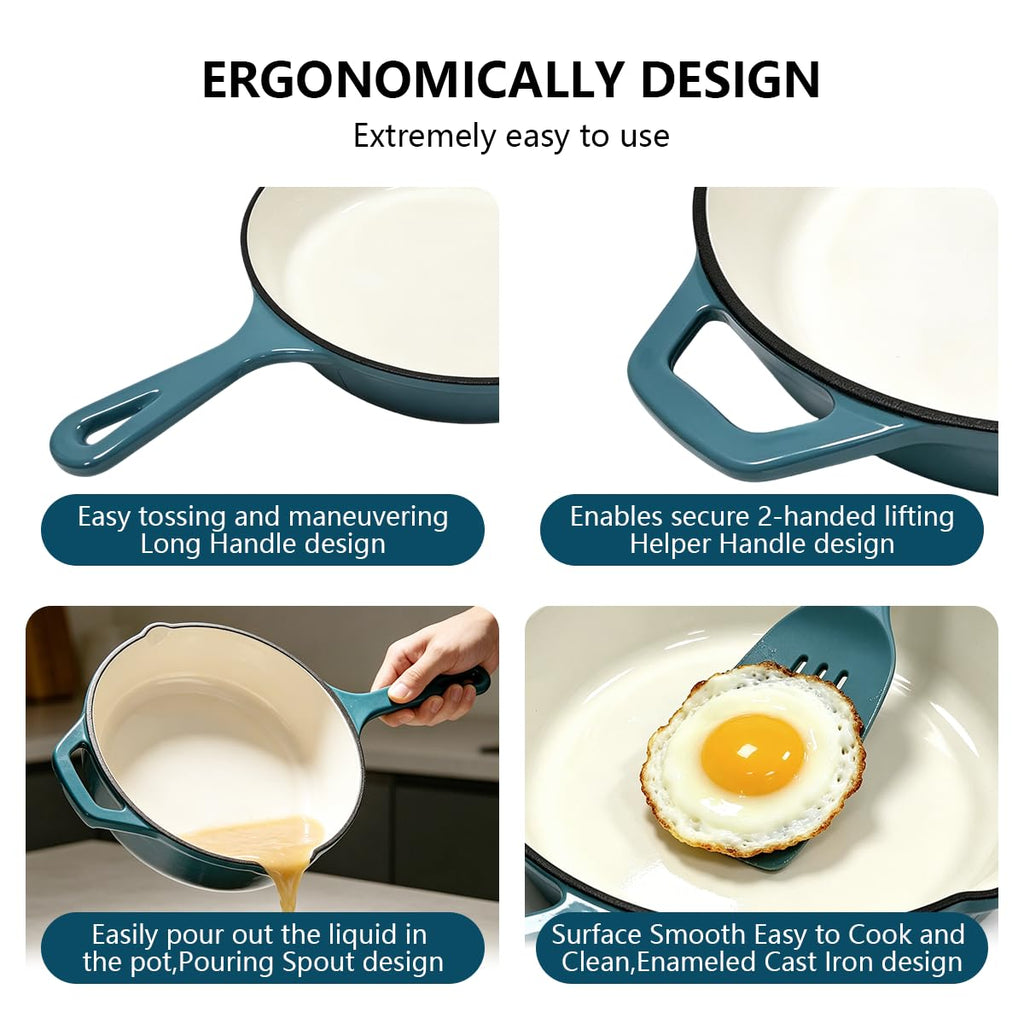 Enameled Cast Iron Skillet, Non Stick Fry Pan, Induction Compatible (Peacock Blue, 10 inch)