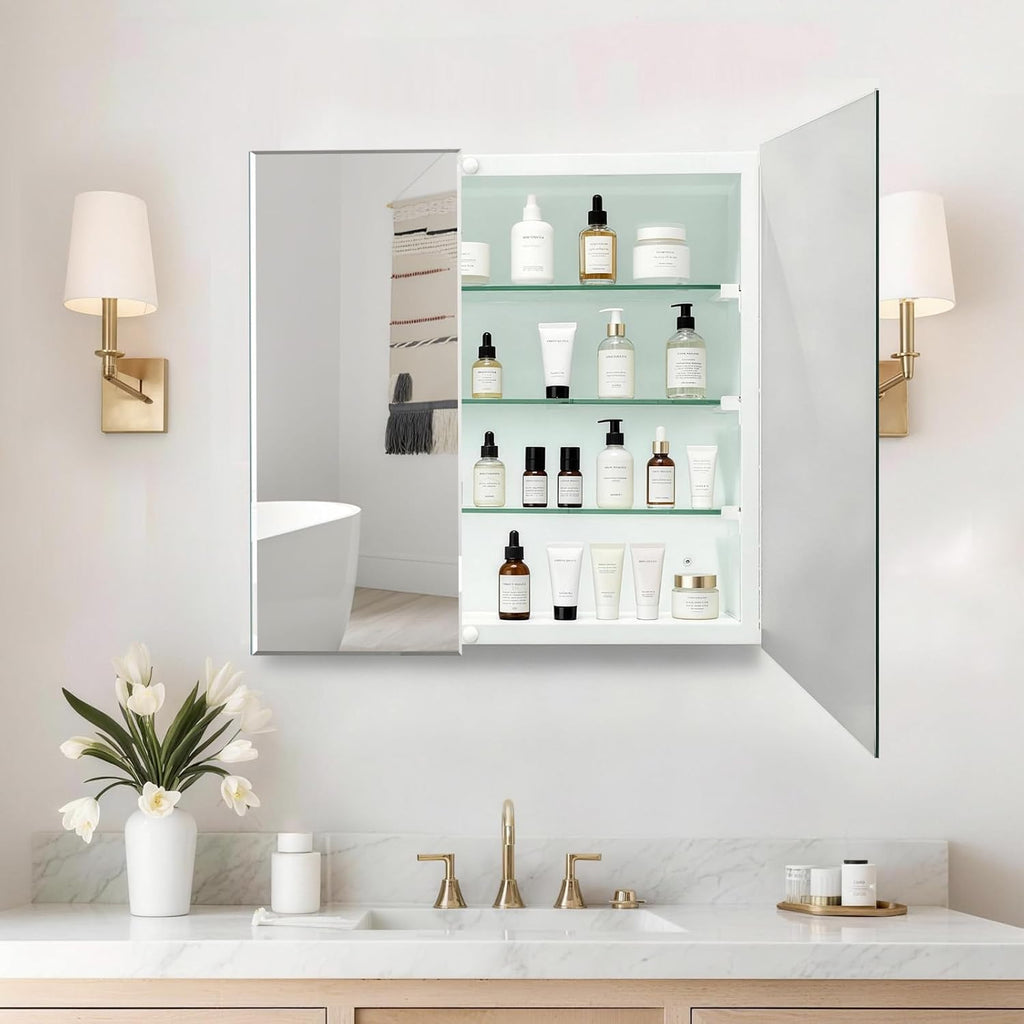 Bathroom Medicine Cabinet with 30x26 in Rectangular Beveled Frameless Mirror,Double Door Wall Mounted Mirror Cabinet