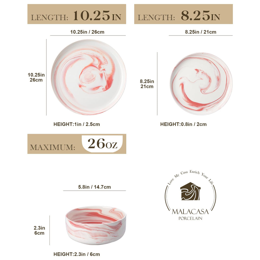 12 Pcs Porcelain Plates and Bowls Sets,Dinnerware Set for 4,Pink