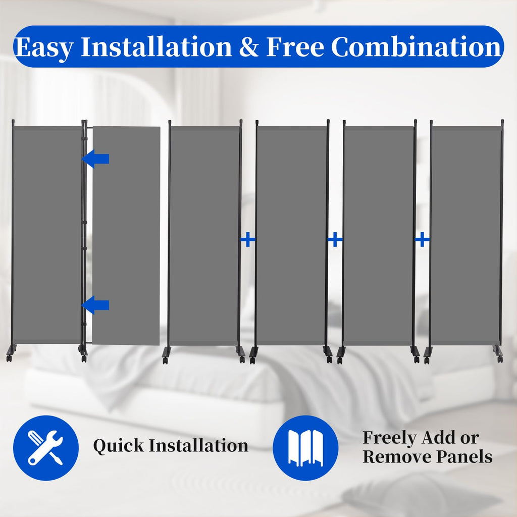 Room Divider 6FT 6 Panel Folding Room Partition with Lockable Wheels, Grey