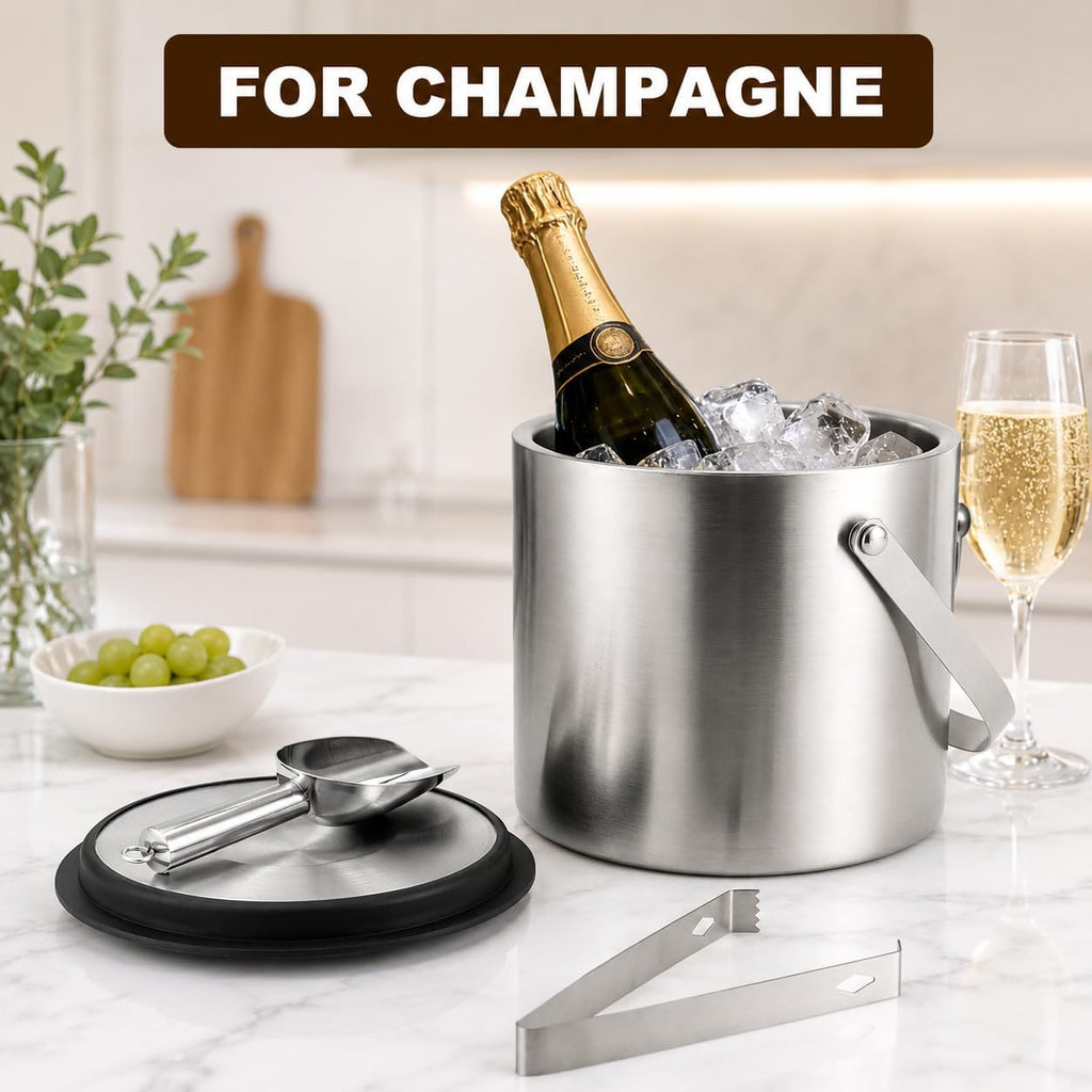 3L Double-Wall Stainless Steel Ice Bucket with Lid,Ice Scoop & Tongs,100oz - Set of 4