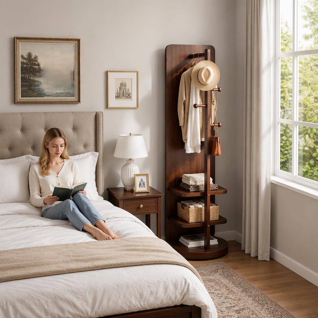 360 Rotating Floor Mirror with Rack, Walnut 2-Pieces