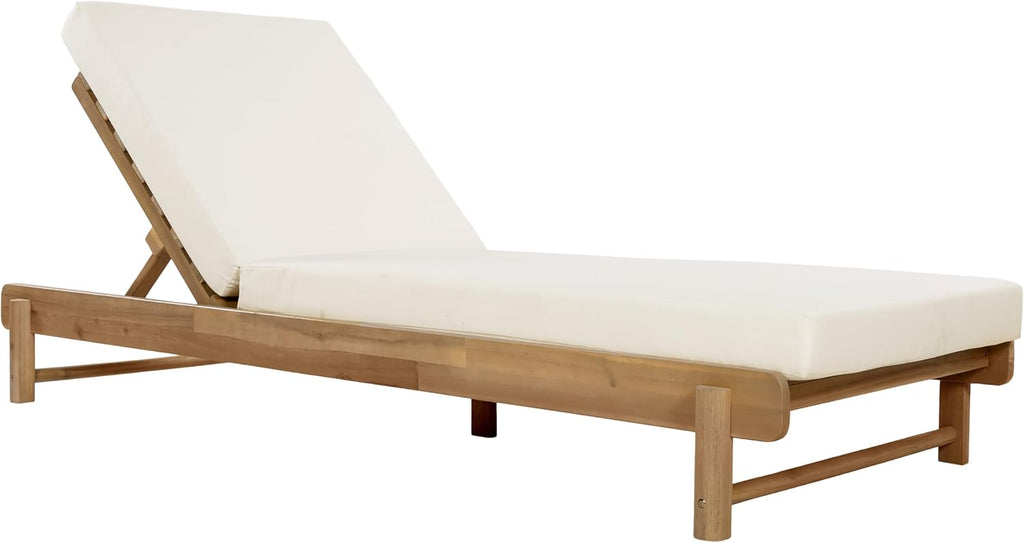 Outdoor Chaise Lounge with 4" Water-Resistant Cushion, Acacia Wood Recliner Chair Frame with Slatted Design
