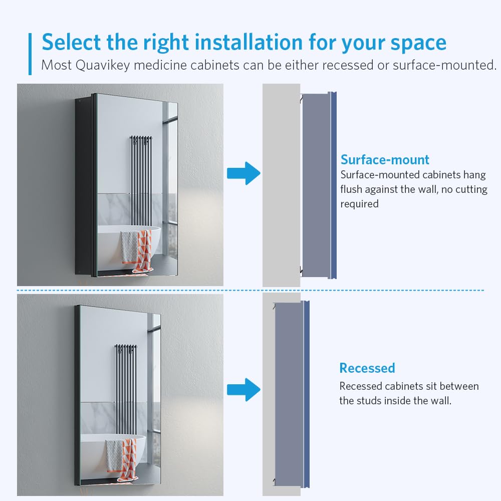 16"x26" Medicine Cabinet with Mirror, Recessed or Surface, Black