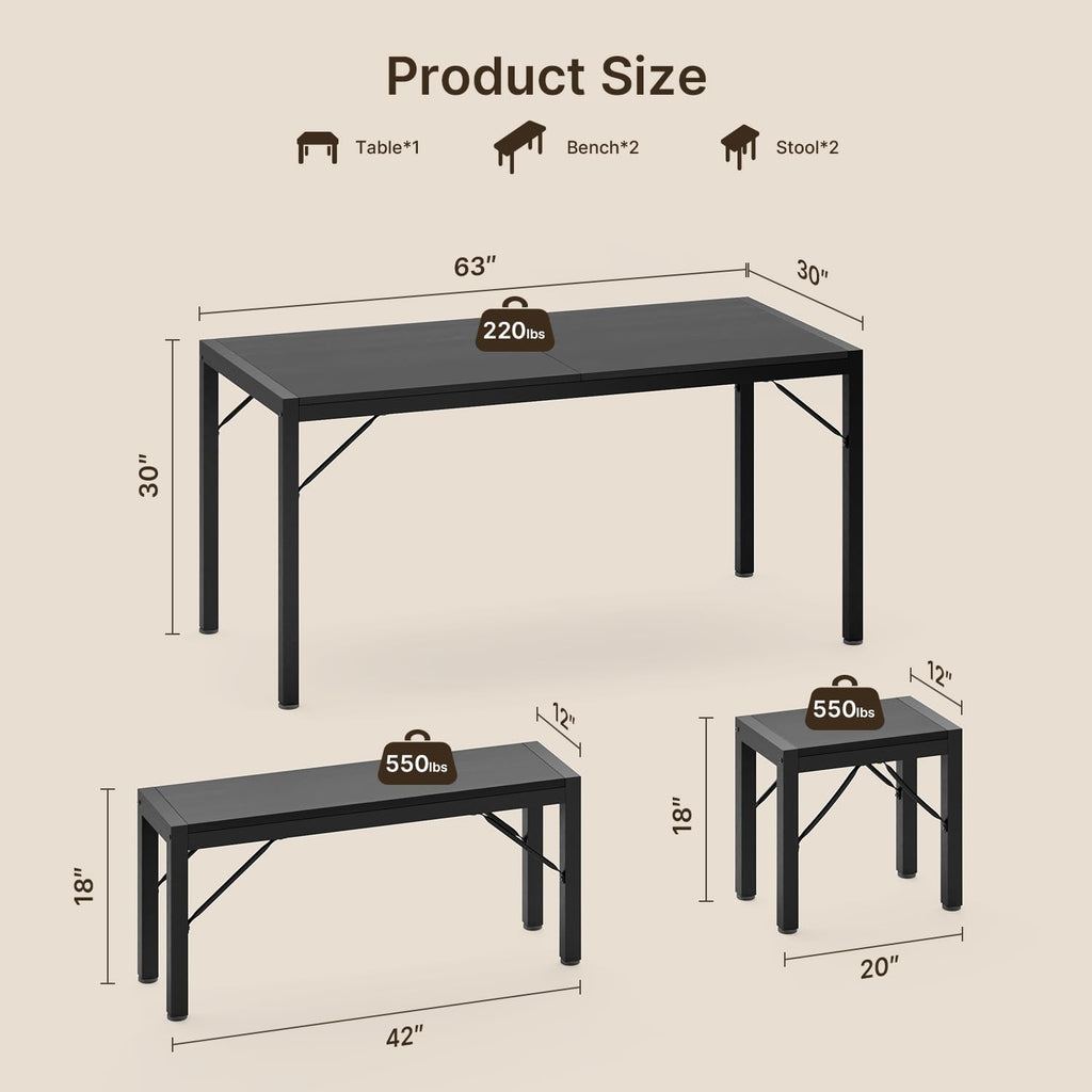 63" Dining Table Set for 6, Kitchen Table w/Bench & Stools Black
