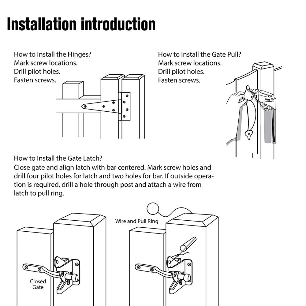 Gate Hardware Kit Heavy Duty, with Self Locking Gate Latch, 6 inch T Strap Gate Hinges and 10 inch Gate Door Handle
