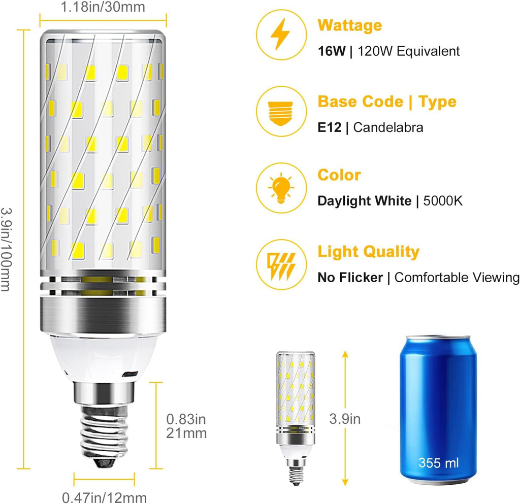 E12 LED Corn Bulb, 6000K Daylight White, 16W 1500LM LED Bulb, CRI80+, 120W Incandescent Equivalent, Non-Dimmable