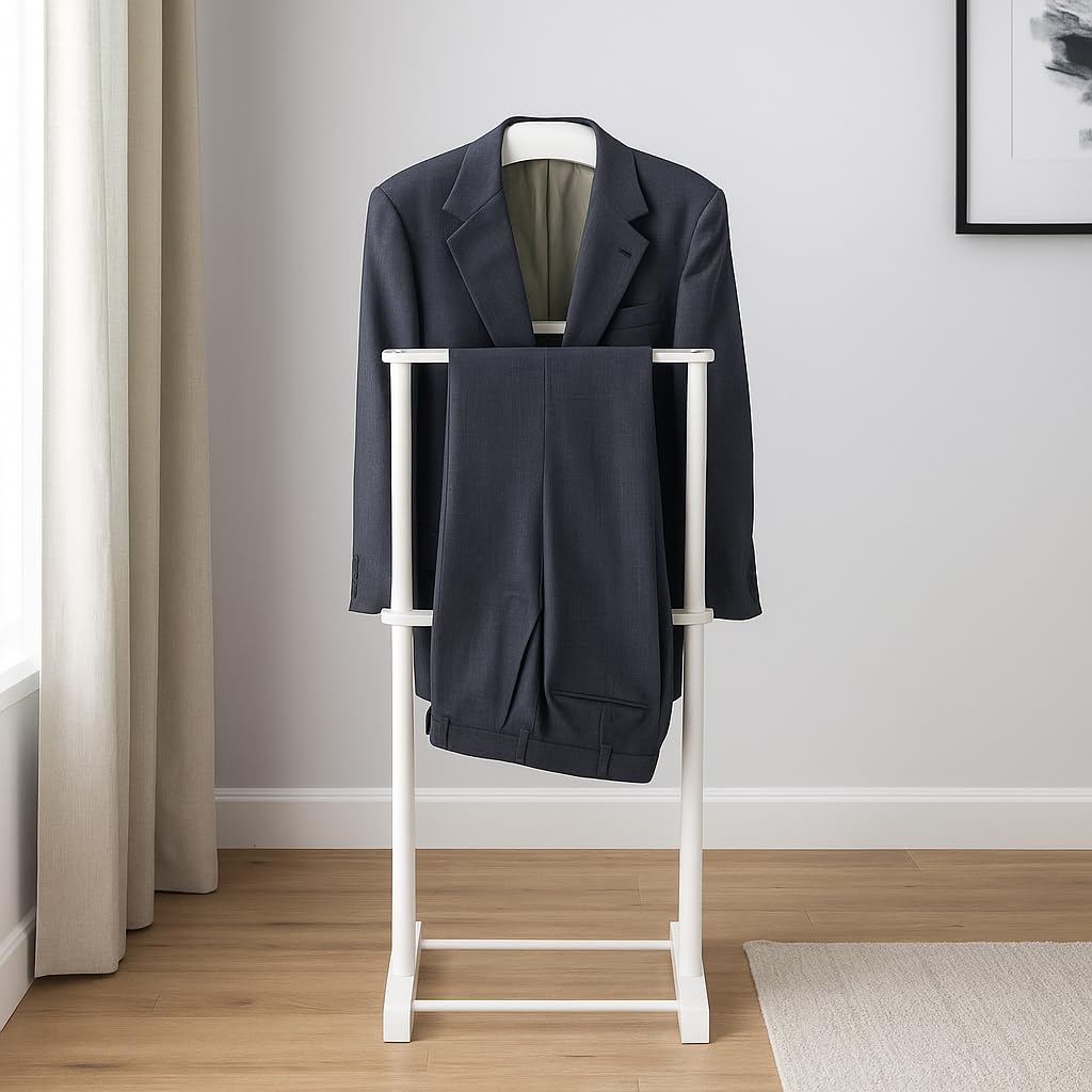 Sakura Twin Valet with Wooden Hanger, Trouser Bar & Tie Bar, White