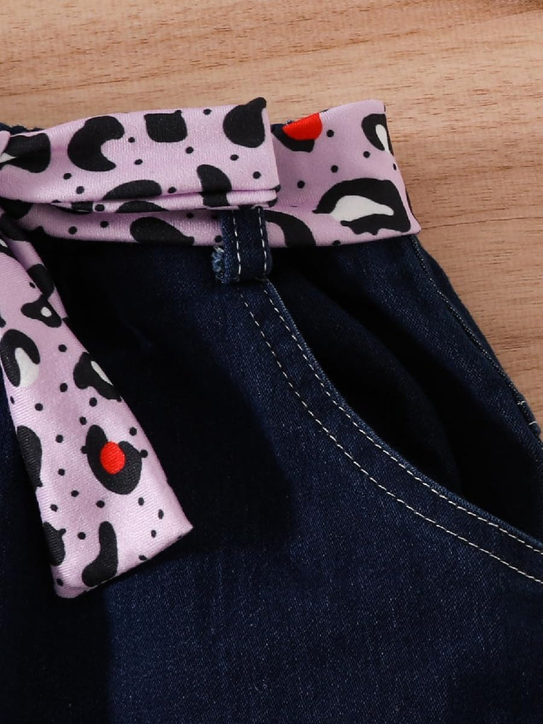 Kids Toddler Girls Summer Clothes Leopard Butterfly Print T-Shirt + Belted Denim Jeans Shorts 3PCS Outfits