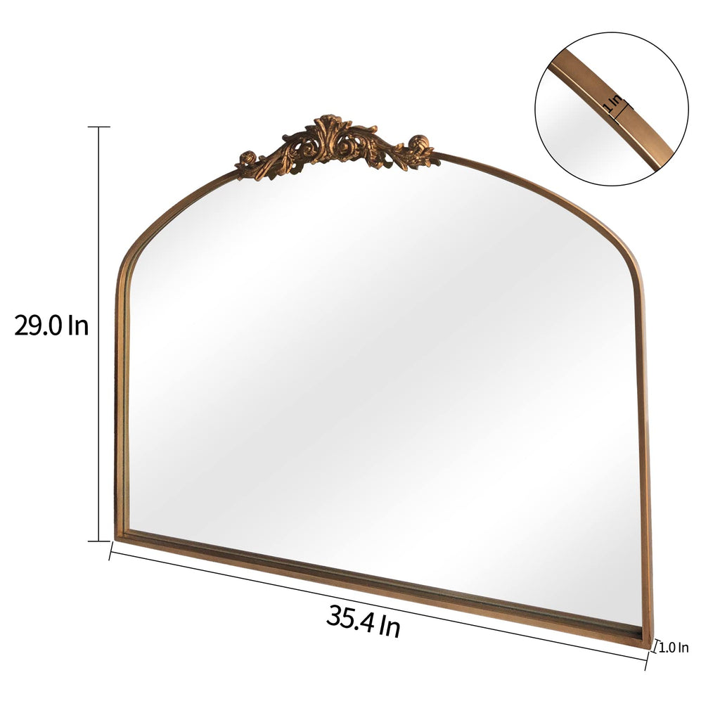 Gold Arched Mirror, Baroque Brass Fireplace Mirror Decor, Victorian Vintage Mirrors with Full Matel Frame, Ornate