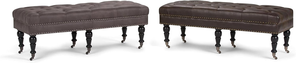 Lacey 41" Wide Vegan Leather Rectangle Ottoman in Saddle Brown | Traditional tufted ottoman bench with nail head trim