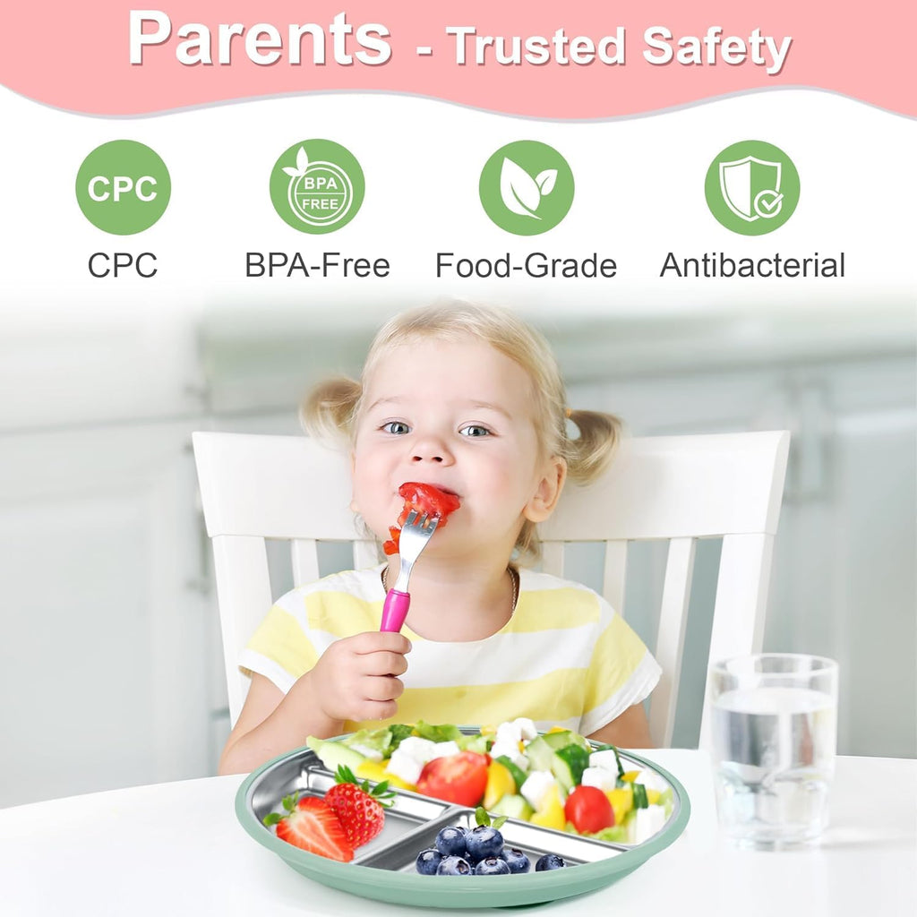 Stainless Steel Toddler Plates Silicone Suction, Non-Slip Baby Plates, Divided Portion, Food-Grade Silicone Plate