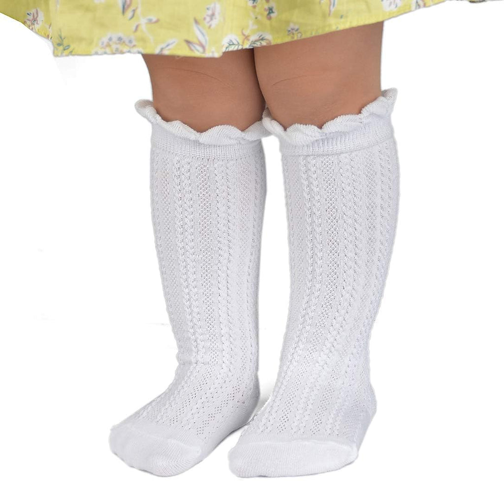 Girls Cotton Knee High Socks Mesh Ruffle School Uniform Long Socks
