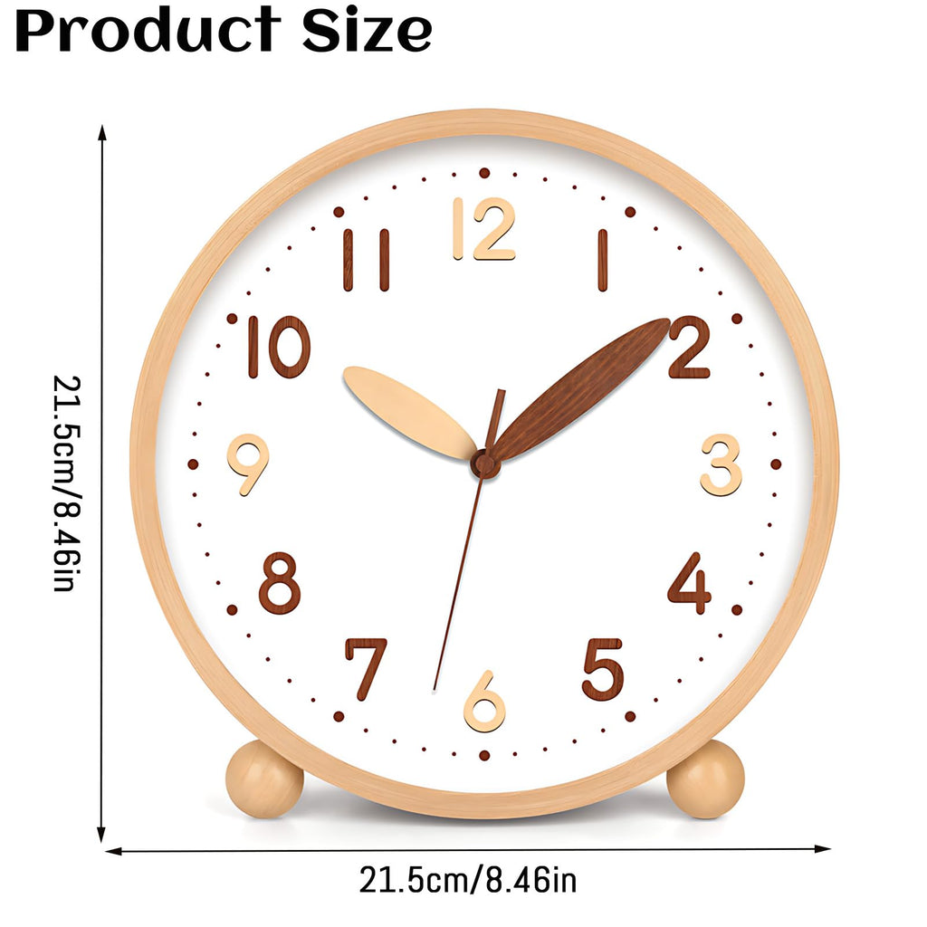 Wooden Table Clock, 8in Silent Non-Ticking Desk Clock, Battery Operated Desktop Analog Clock Bedroom Kitchen Office