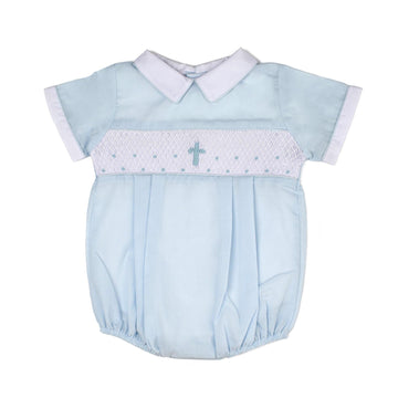 Baby Boy Blue Hand Smocked Cross Bubble Romper, Baptism