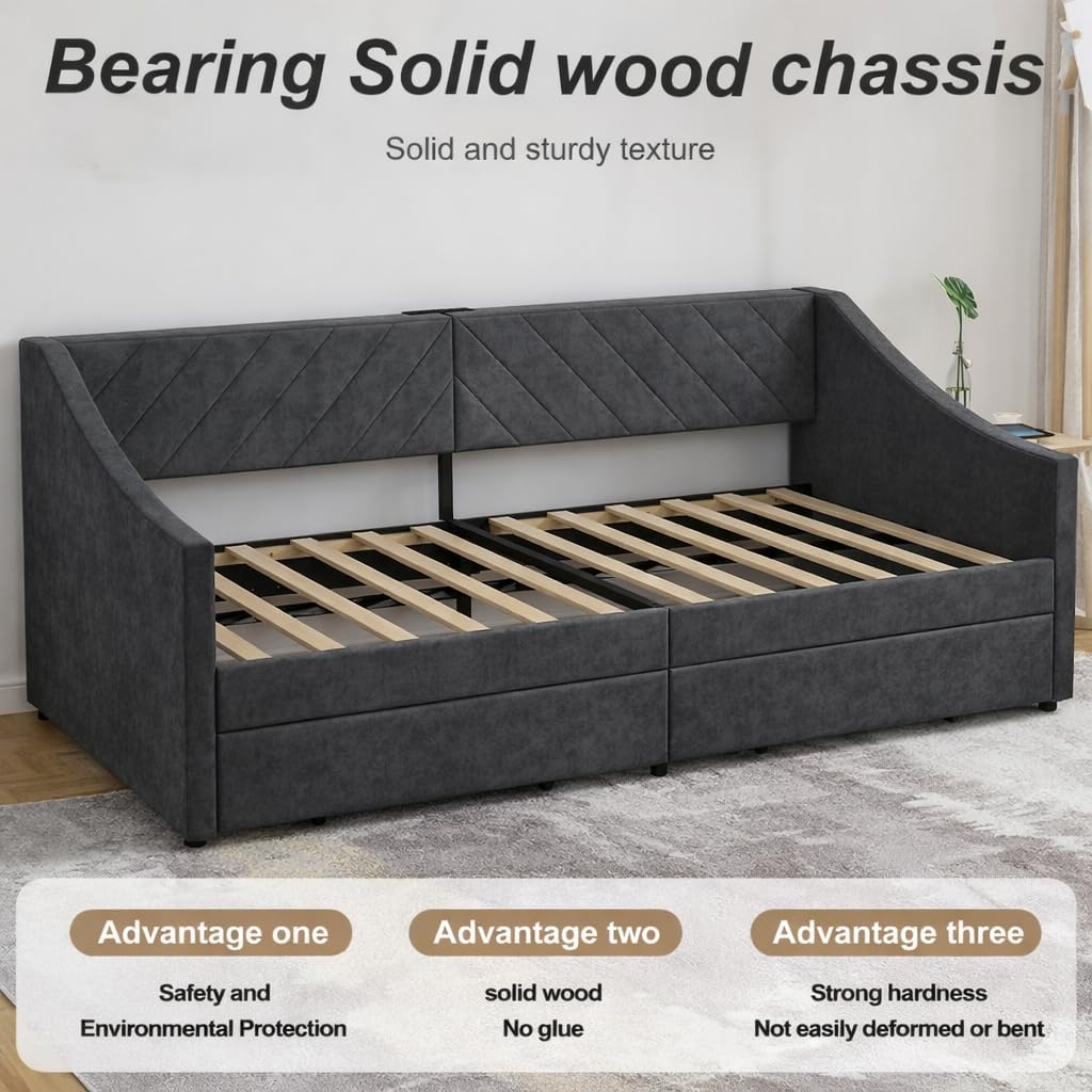 Upholstered Twin Size Daybed with Two Storage Drawers, Twin Leatherair Sofa Bed Daybed with Wood Slat Support,No Box