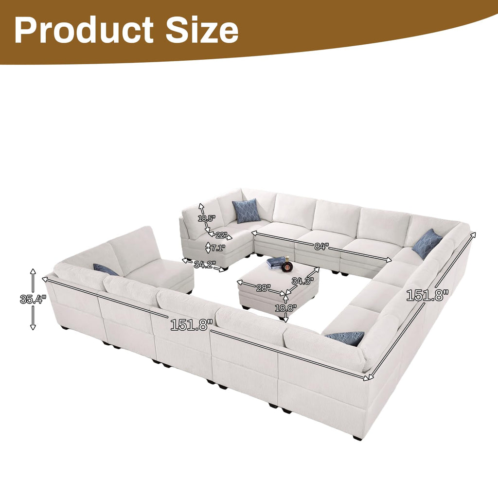 Oversized Modular Sectional Sofa, U/L‐Shaped Reversible Couch with Ottoman, Deep Seat Corduroy Sofa, 16‐Seater, Cream