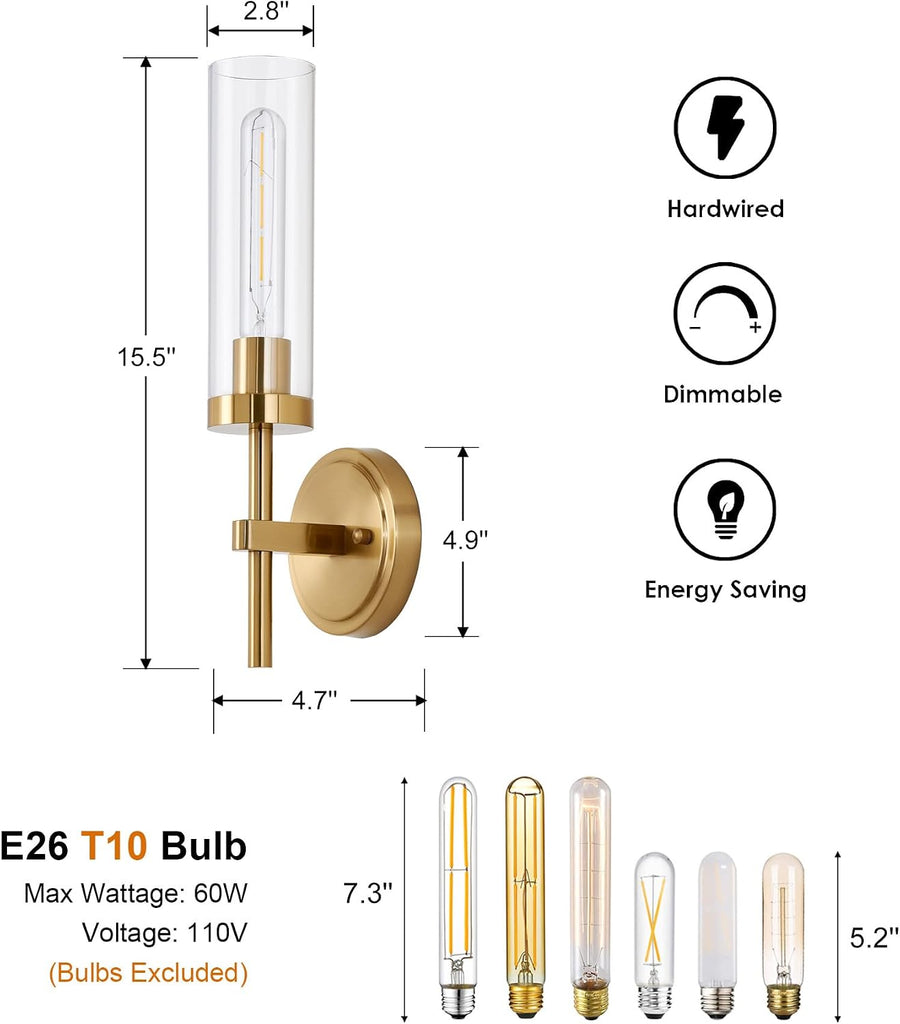 Hardwired Gold Wall Sconces Set of 2, Modern Bathroom Sconces Wall Lighting Vanity Light Fixtures with Clear Glass