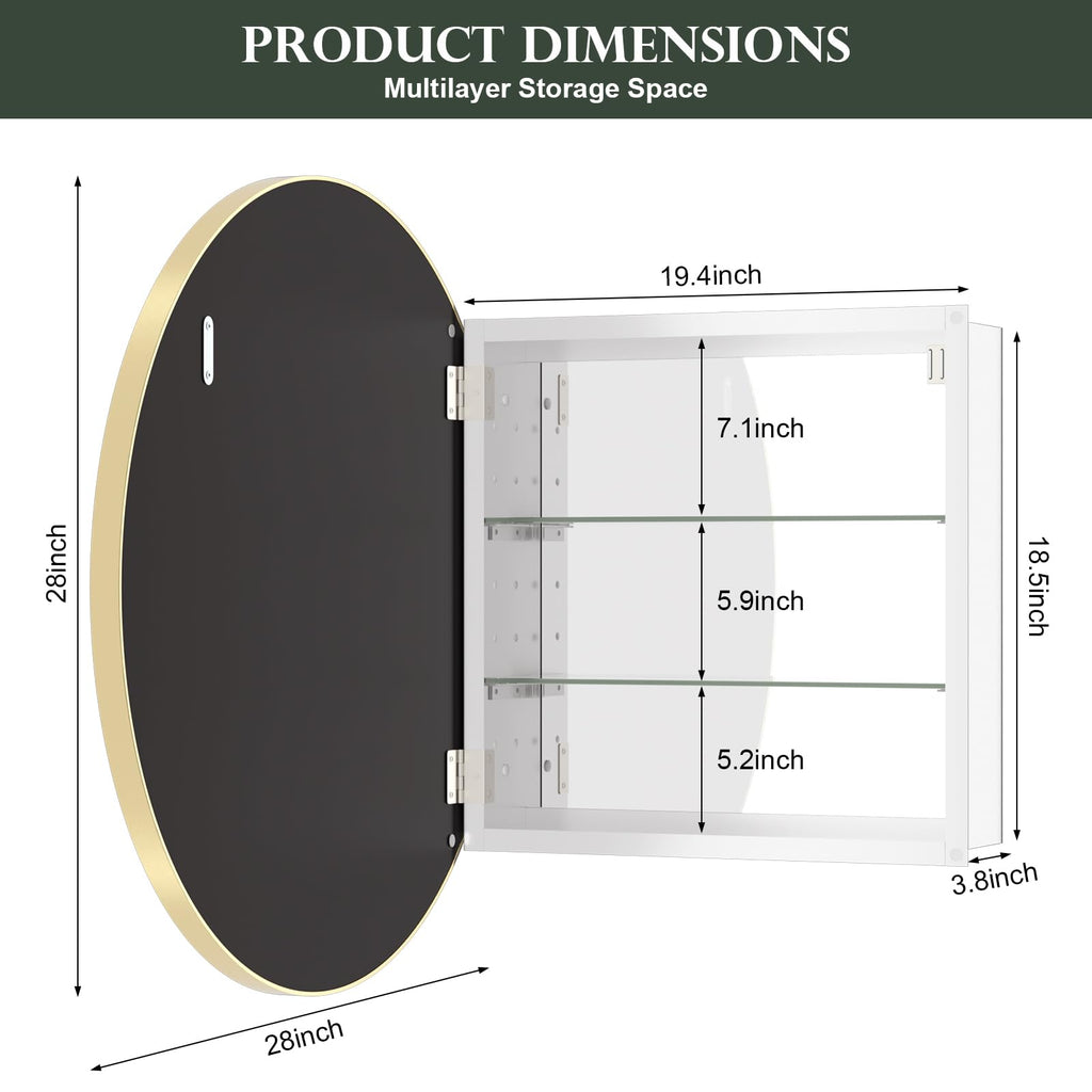 Bathroom Medicine Cabinet with Mirror, 28 Inch Gold Round Mirror Medicine Mabinet Wall Mounted with Aluminum Alloy