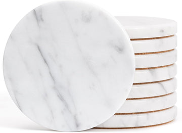 Soft White Marble Coasters, Modern Elegant Drink Coasters for Dining Table, 4" Round Polished Natural White - Set of 8