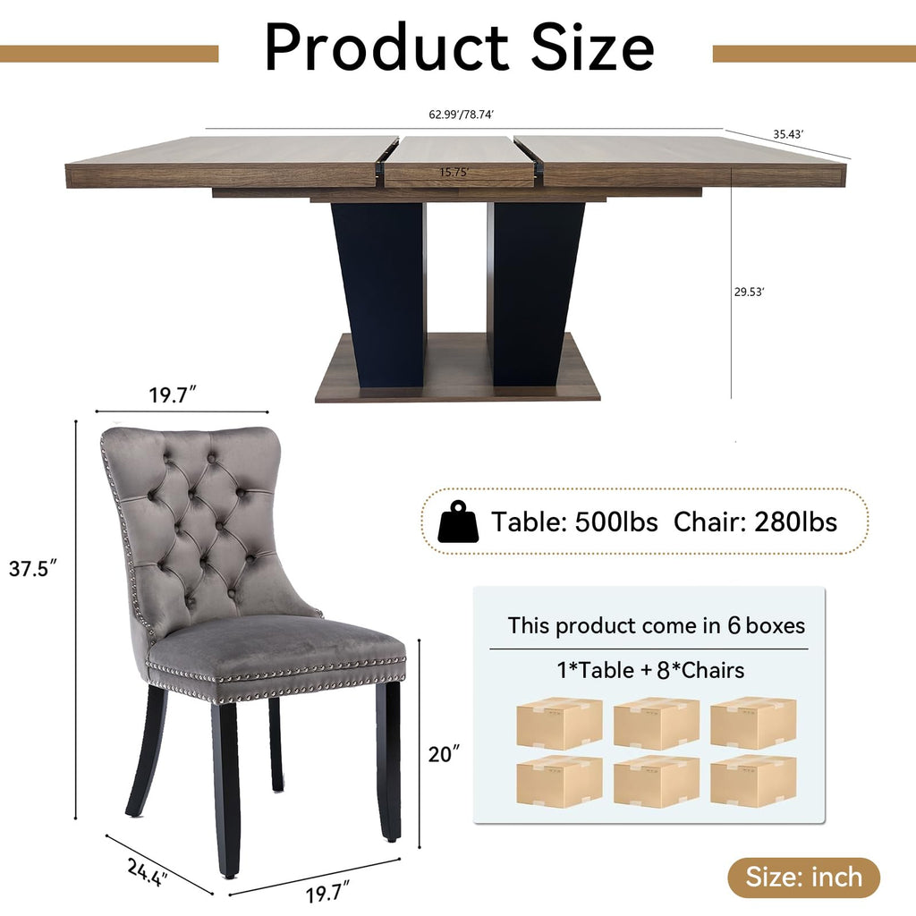 62.99" -78.74" Extendable Dining Table Set of 8, Brown Dining Room Table & 8 Gray Velvet Dining Chairs with Wood Leg