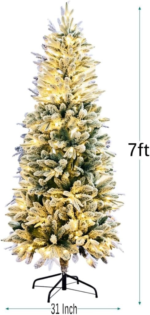 Snow Flocked Pencil Christmas Tree with Lights,Pre-Lit Artificial Xmas Tree ,Party,Holiday Decoration w/400 Warm