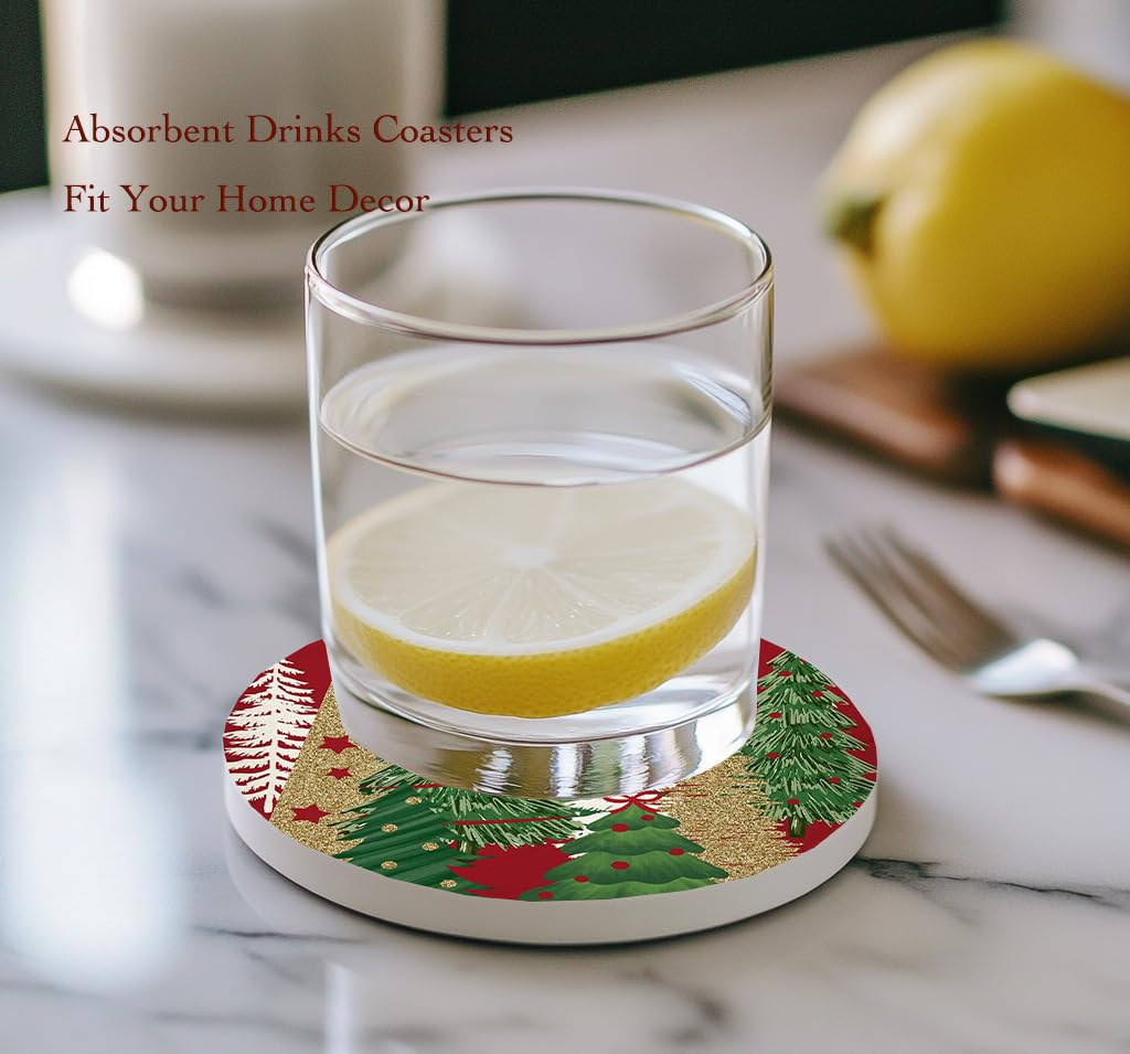 Christmas Tree Drink Coasters Set of 6, Round Absorbent Ceramic Coaster, with Metal Holder and Cork Base, Pine Tree