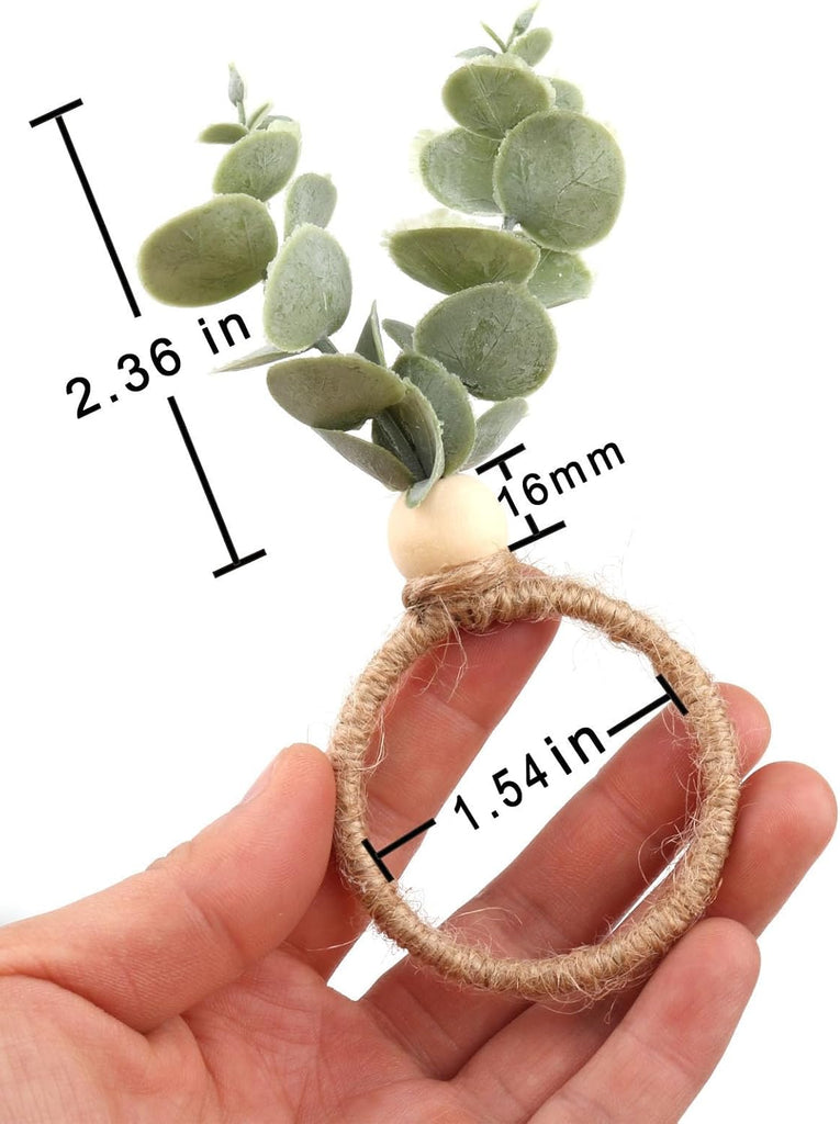 Napkin Rings with Artificial Eucalyptus Leaf Wood Bead Jute Rope for Christmas Farmhouse Wedding Home Dining - Set of 24