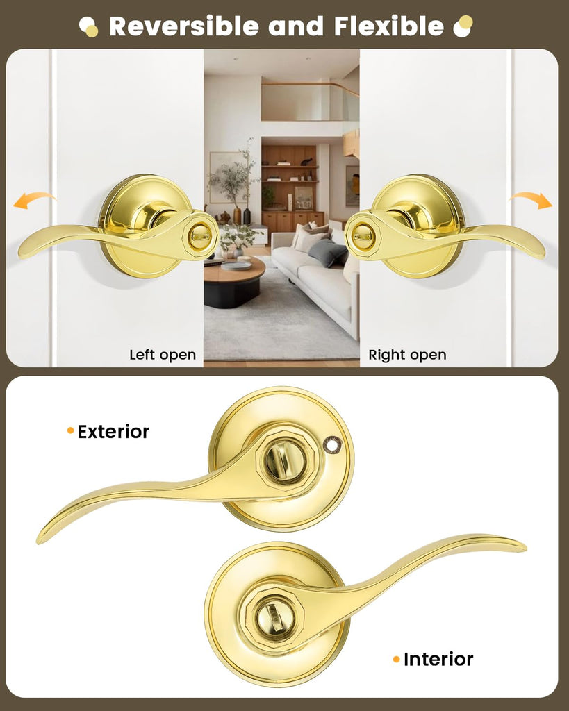 Drop Lever Bedroom Bathroom Door Locksets Privacy Locks in Polished Brass,Detachable Latch Plate,Reversible Levers