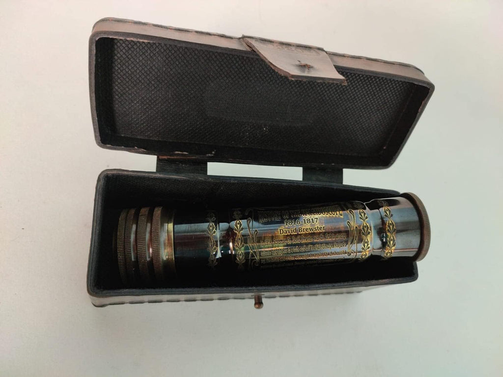 Vintage Kaleidoscope with Leather Box Antique Kaleidoscope Handmade Brass Kaleidoscope with Wooden Box - Vintage Look