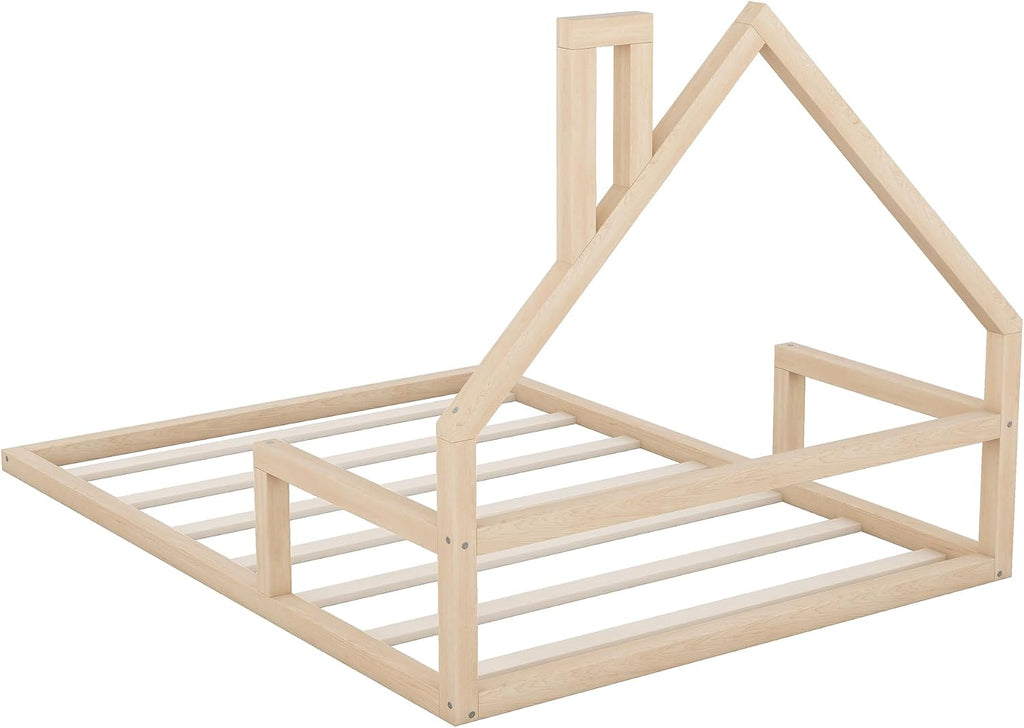 Full Floor Bed for Kids, Wood Full Bed for Kids, Kids bedframe with House-Shaped Headboard, Montessori Floor Beds