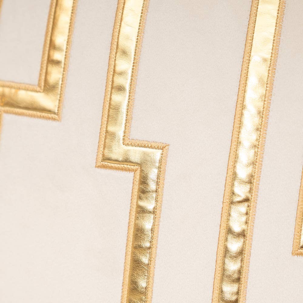 Gold Leather Striped White Throw Pillow Cover 20x20 Inch, Geometric Luxury Decorative Embroidered Velvet Pillow Cover