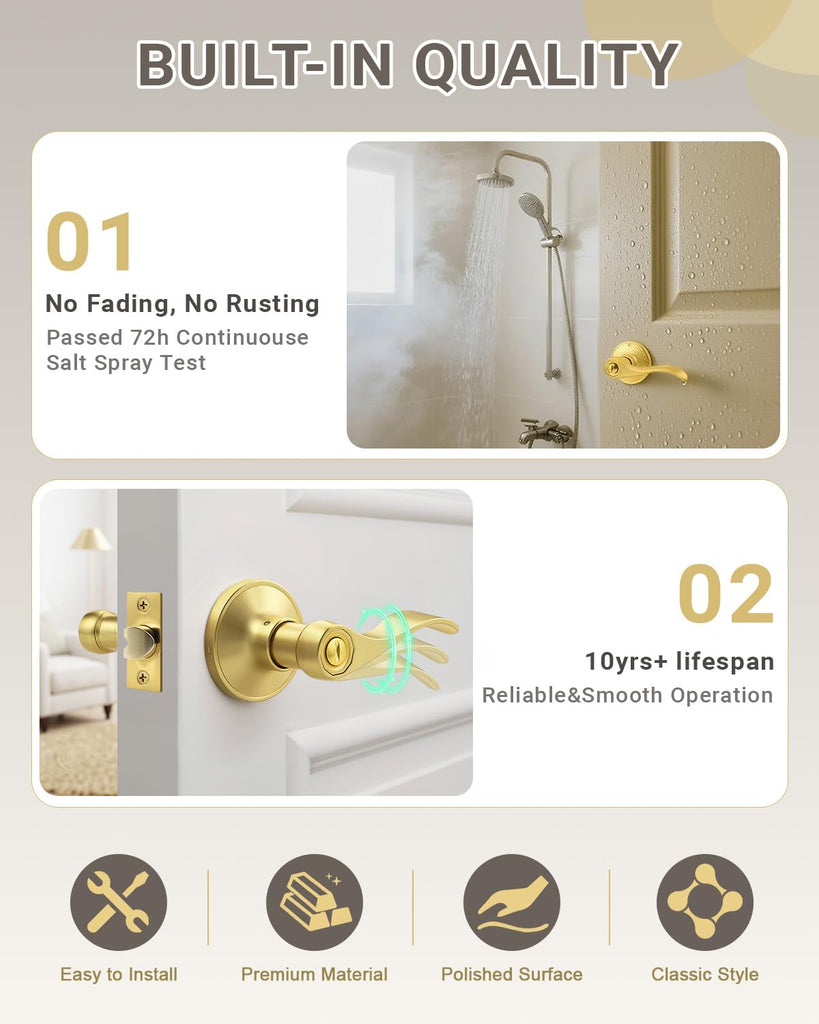 1 Pack Gold Door Handle Interior Privacy Doorknob Bedroom Door Handle with Lock, Reversible for Left and Right