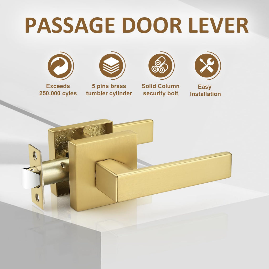 2 Pack Heavy Duty Gold Passage Door Handle,Square Satin Brass Door Lever and Closet, Keyless Reversible No-Locking