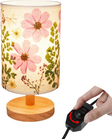 Dried Flowers Small Table Lamp 9W LED Dimmable Warm Light Pressed Flower Bedside Lamp Linen Shade with Wood Base