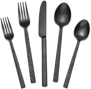 40 Pieces Black Hammered Silverware Set for 8, 18/10 Stainless Steel Heavy Duty Flatware Set